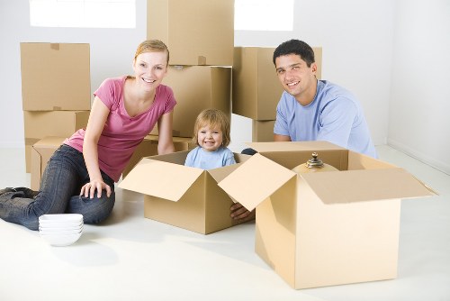 Packed office equipment prepared for transport in Tokyngton