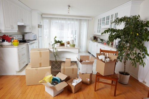 Packed boxes and furniture ready for loading on moving day
