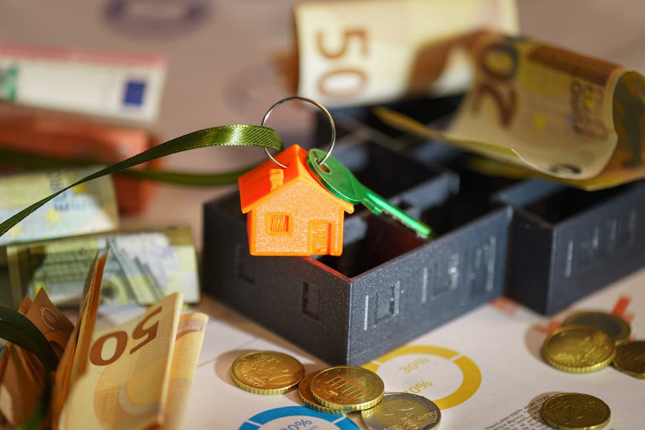 Close-up view of a black plastic cash box filled with euro banknotes, with several coins spilled around it, situated on a table covered with financial charts and documents. Attached to the cash box is a set of house-shaped and key-shaped keyrings, indicating property or home-related transactions. The background shows more euro notes partially visible behind the cash box, suggesting handling of money during a home relocation process. This scene captures elements related to moving logistics, financial management, and packing and moving activities handled by Man with Van Tokyngton, a house removal service provider.